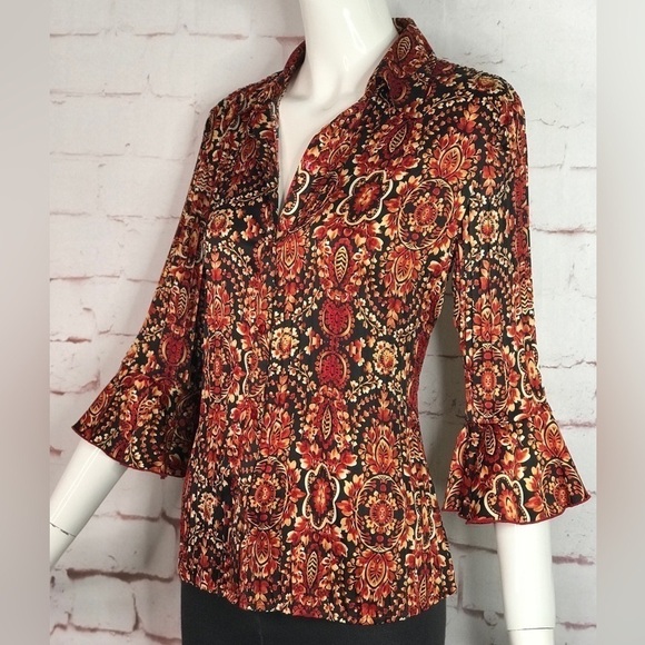 ESSENTIALS By MILANO Pleated S 3/4 Bell Sleeve Rust Cream Black Print Blouse - Picture 2 of 13